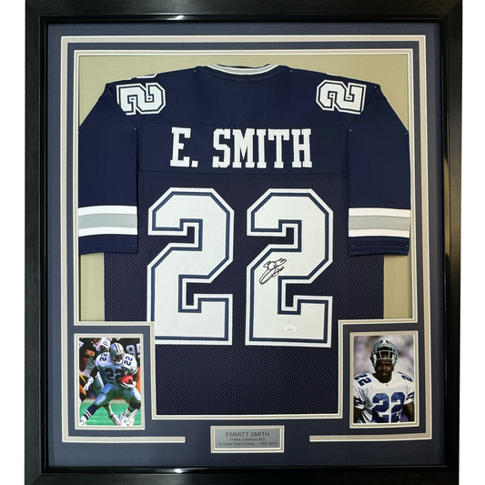 Framed Autographed/Signed Emmitt Smith 35x39 Dallas Blue Football Jersey Beckett BAS COA