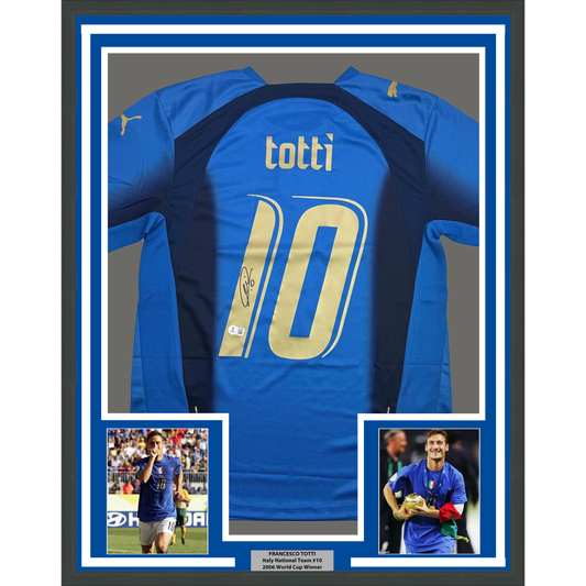 Framed Autographed/Signed Francesco Totti 35x39 Italy Blue Soccer Futbol Jersey Beckett BAS COA