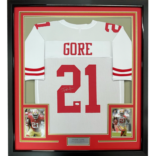 Framed Autographed/Signed Frank Gore 35x39 San Francisco White Football Jersey Beckett BAS COA
