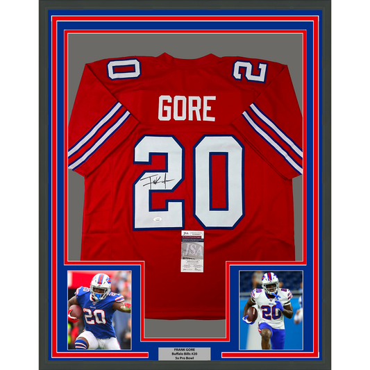 Framed Autographed/Signed Frank Gore 35x39 Buffalo Red Football Jersey JSA COA