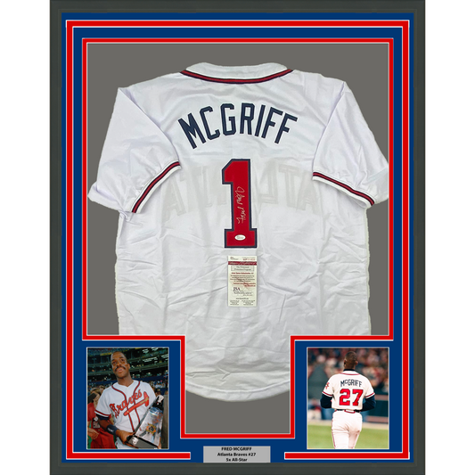 Framed Autographed/Signed Fred McGriff 35x39 Atlanta White Baseball Jersey JSA COA