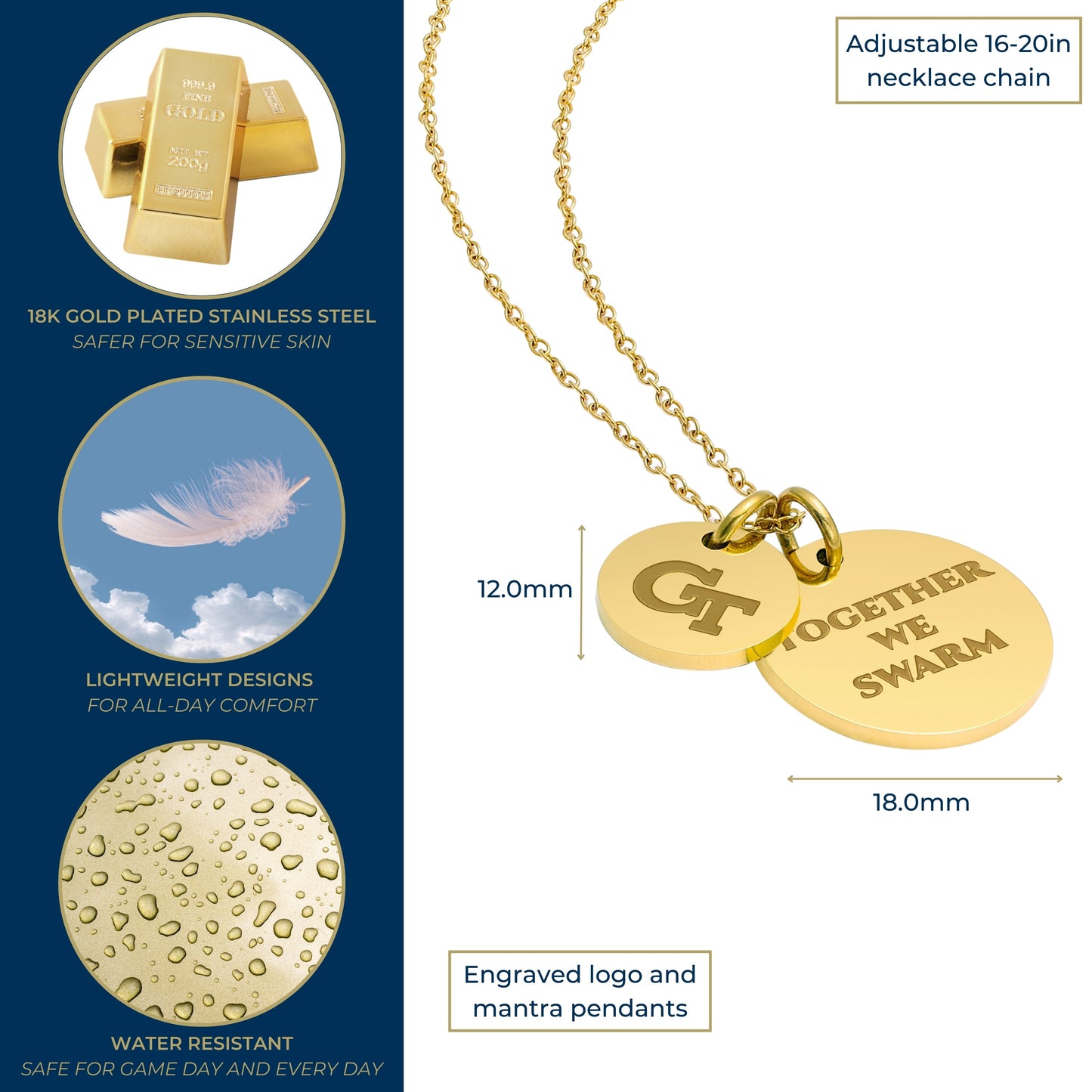Georgia Tech Coin Charm Necklace - 18K Gold Dipped