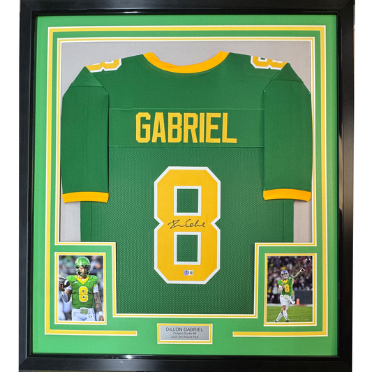 Framed Autographed/Signed Dillon Gabriel 35x39 Oregon Green College Football Jersey Beckett BAS COA