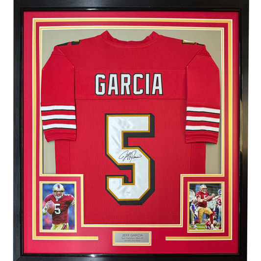 Framed Autographed/Signed Jeff Garcia 35x39 San Francisco Red Football Jersey Beckett BAS COA
