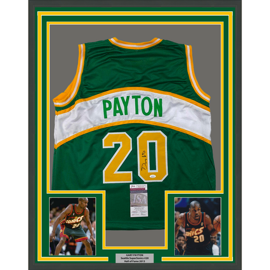 Framed Autographed/Signed Gary Payton 35x39 Seattle Green Basketball Jersey JSA COA