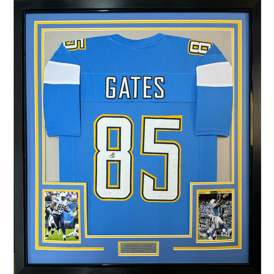 Framed Autographed/Signed Antonio Gates 35x39 Los Angeles LA Powder Blue Football Jersey Beckett BAS COA