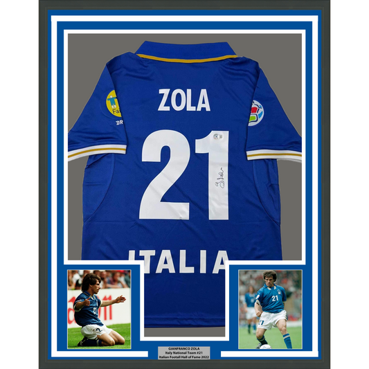Framed Autographed/Signed Gianfranco Zola 35x39 Italy Blue Soccer Futbol Jersey Beckett BAS COA
