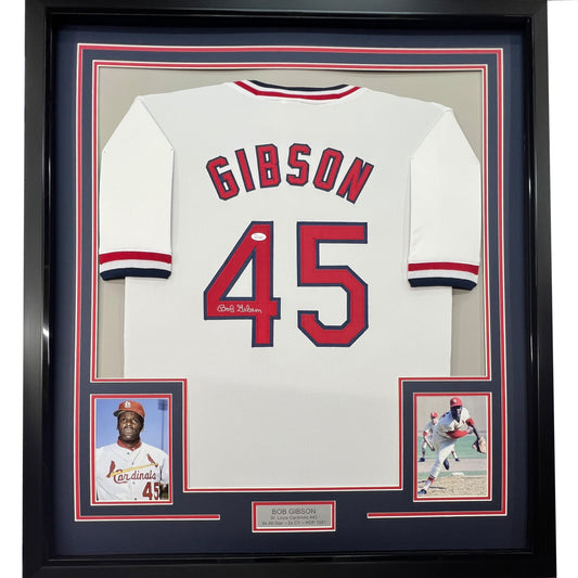 Framed Autographed/Signed Bob Gibson 35x39 St. Louis White Baseball Jersey JSA COA