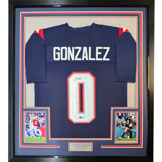Framed Autographed/Signed Christian Gonzalez 35x39 New England Blue Football Jersey Beckett BAS COA
