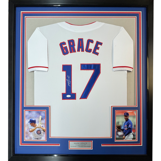 Framed Autographed/Signed Mark Grace 35x39 Chicago White Baseball Jersey JSA COA