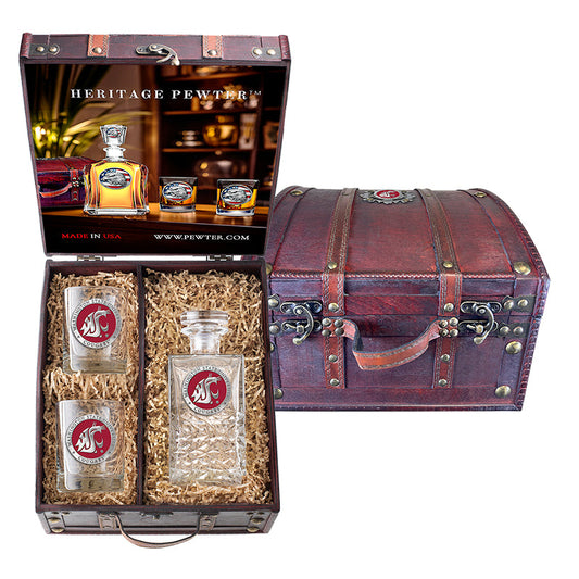 Washington State University Heritage Decanter and 2 Glasses with Chest Box