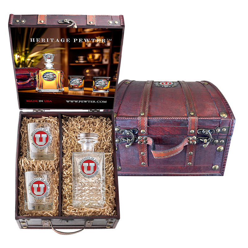 University of Utah Heritage Decanter and 2 Glasses with Chest Box