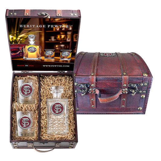 Florida State University FS Logo Heritage Decanter and 2 Glasses with Chest Box