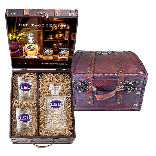 Louisiana State University Heritage Decanter and 2 Glasses with Chest Box