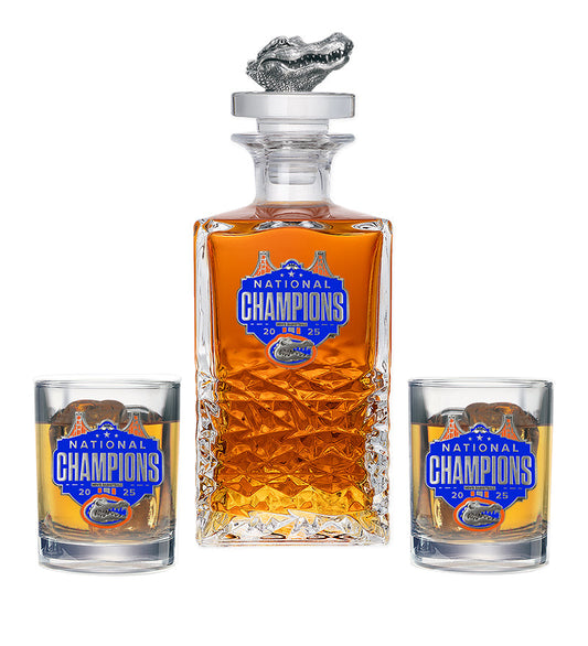2025 Univ. of Florida Basketball Champ Heritage Decanter with 3D Gator Top & 2 Glasses