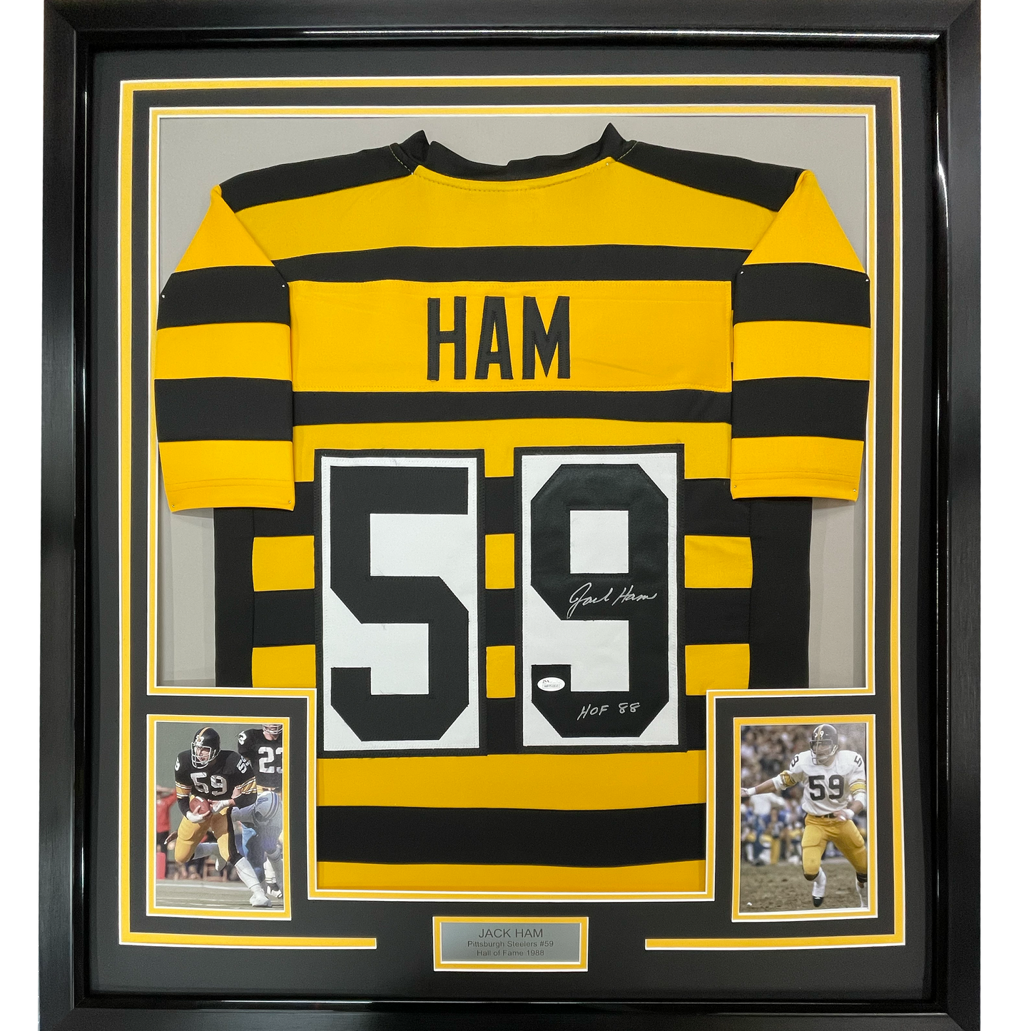 Framed Autographed/Signed Jack Ham HOF 88 35x39 Pittsburgh Bumble Bee Football Jersey JSA COA