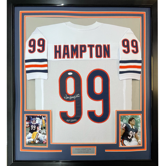 Framed Autographed/Signed Dan Hampton 35x39 HOF 2002 Chicago White Football Jersey JSA COA
