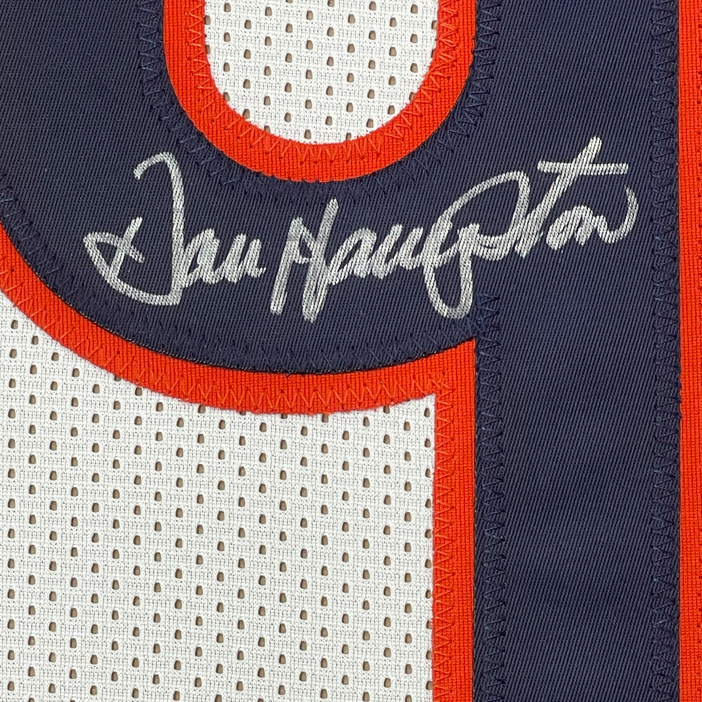Framed Autographed/Signed Dan Hampton 35x39 HOF 2002 Chicago White Football Jersey JSA COA