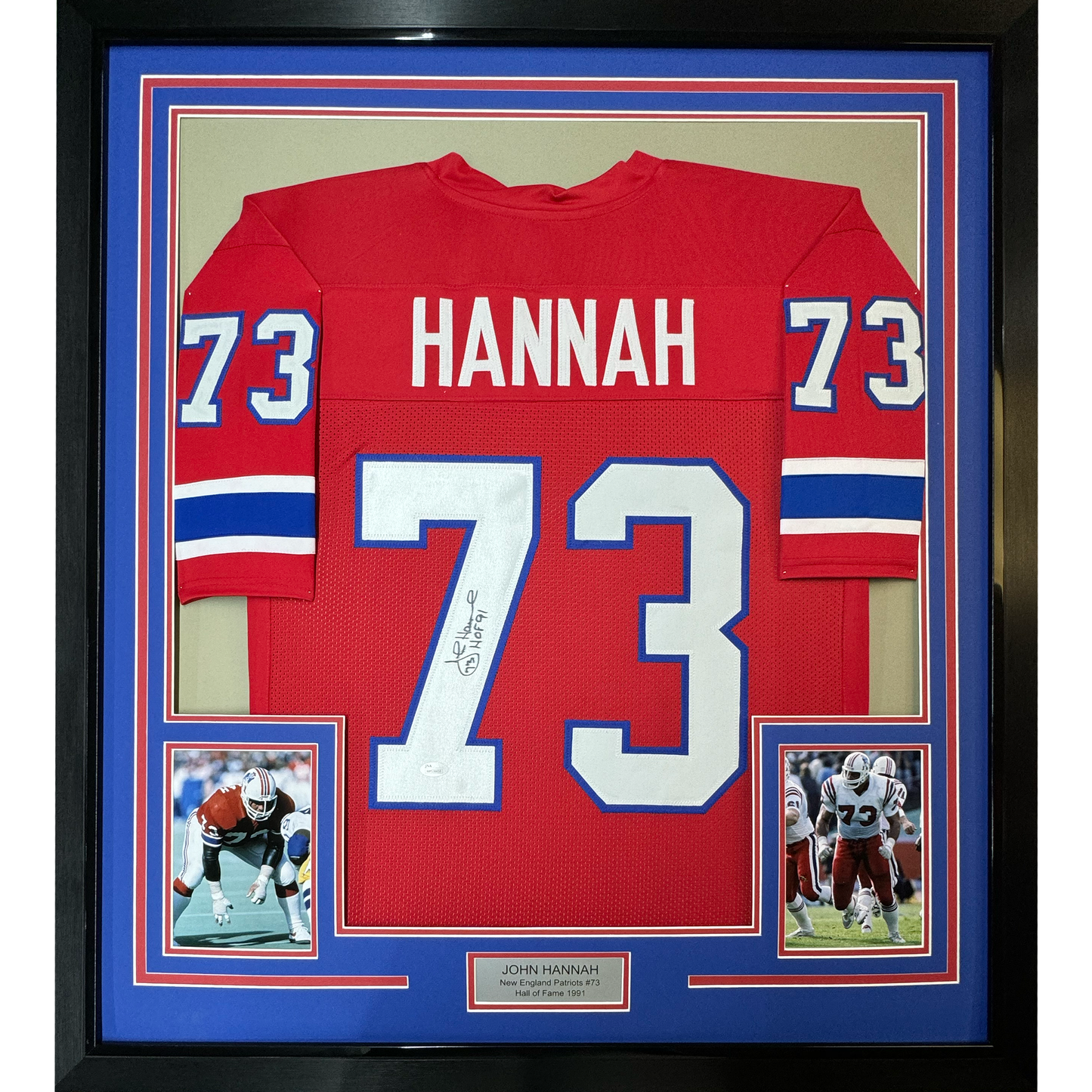 Framed Autographed/Signed John Hannah HOF 91 35x39 New England Red Football Jersey JSA COA