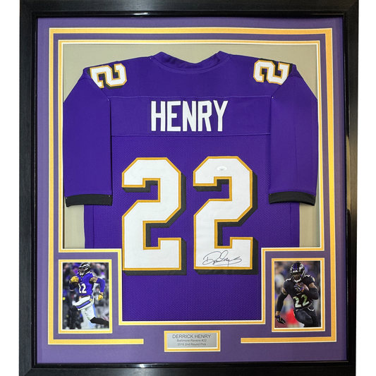 Framed Autographed/Signed Derrick Henry 35x39 Baltimore Purple Football Jersey JSA COA
