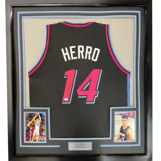 Framed Autographed/Signed Tyler Herro 35x39 Miami Black Vice City Basketball Jersey JSA COA