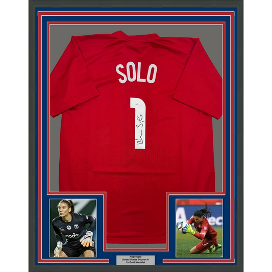 Framed Autographed/Signed Hope Solo 35x39 Red Soccer Team USA World Cup Jersey JSA COA