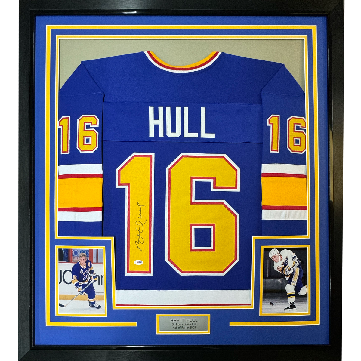 Framed Autographed/Signed Brett Hull 35x39 St. Louis Retro Blue Hockey Jersey PSA/DNA COA