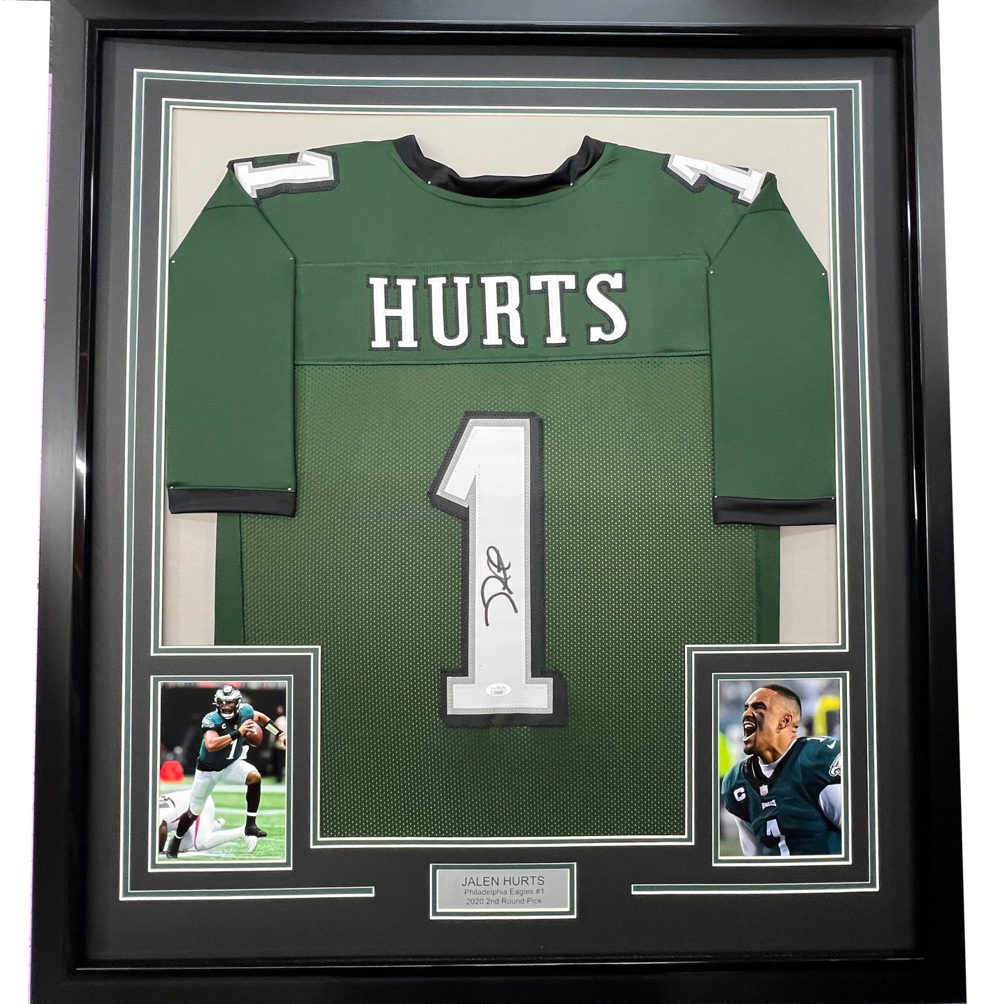 Framed Autographed/Signed Jalen Hurts 35x39 #1 Philadelphia Green Football Jersey JSA COA