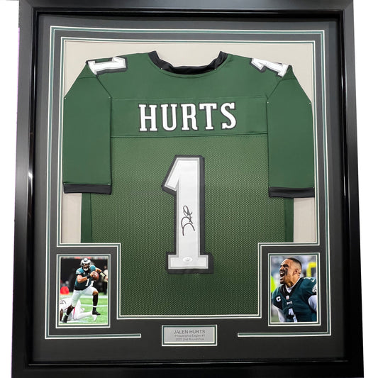 Framed Autographed/Signed Jalen Hurts 35x39 #1 Philadelphia Green Football Jersey JSA COA