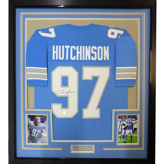 Framed Autographed/Signed Aidan Hutchinson 35x39 Detroit Blue Current Football Jersey Beckett BAS COA