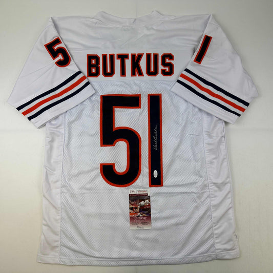 Autographed/Signed Dick Butkus Chicago White Football Jersey JSA COA