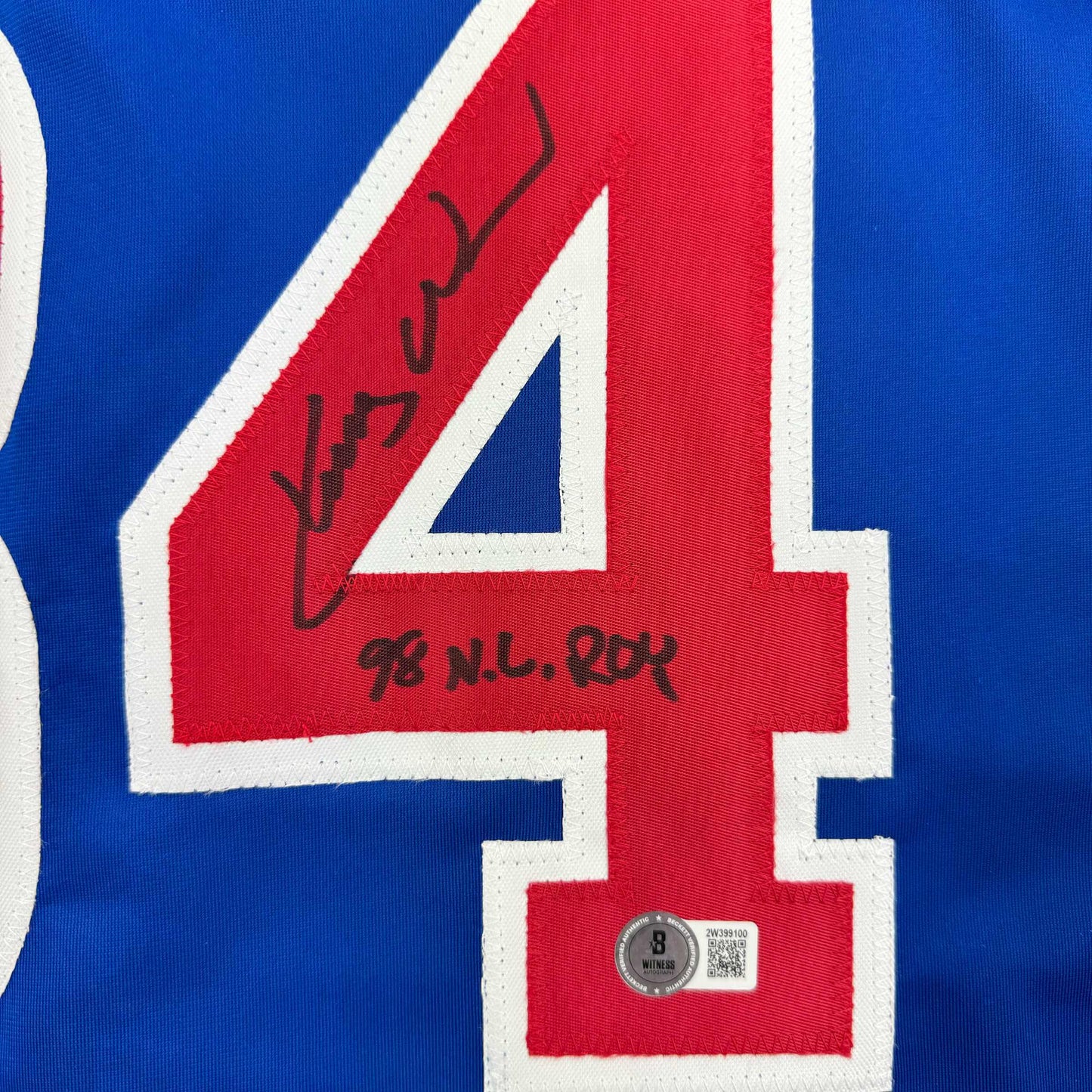 Autographed/Signed Kerry Wood 98 ROY Chicago Blue Baseball Jersey Beckett BAS COA