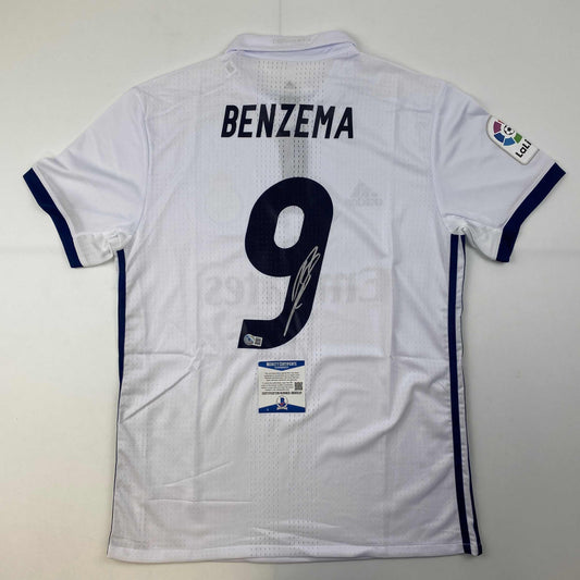 Autographed/Signed Karim Benzema Real Madrid 2016-17 White Soccer Jersey Beckett BAS COA