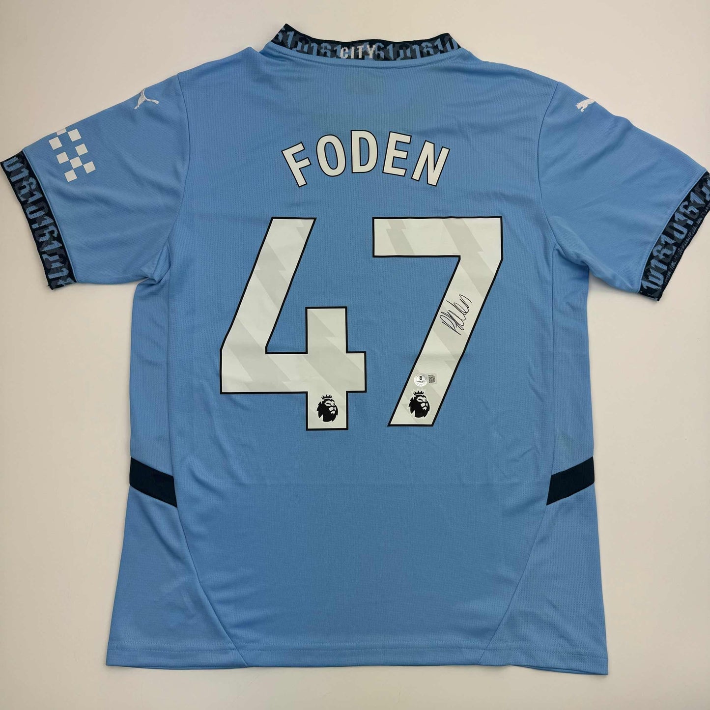 Autographed/Signed Phil Foden Manchester City Blue Soccer Futbol Jersey Beckett BAS COA #3