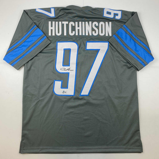 Autographed/Signed Aidan Hutchinson Detroit Grey Football Jersey Beckett BAS COA