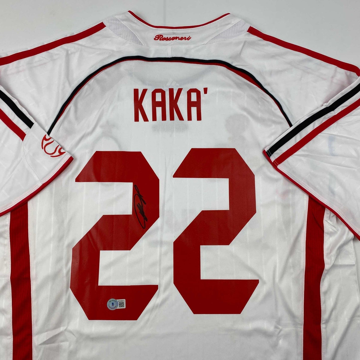 Autographed/Signed Ricardo Kaka AC Milan White Soccer Futbol Jersey Beckett BAS COA