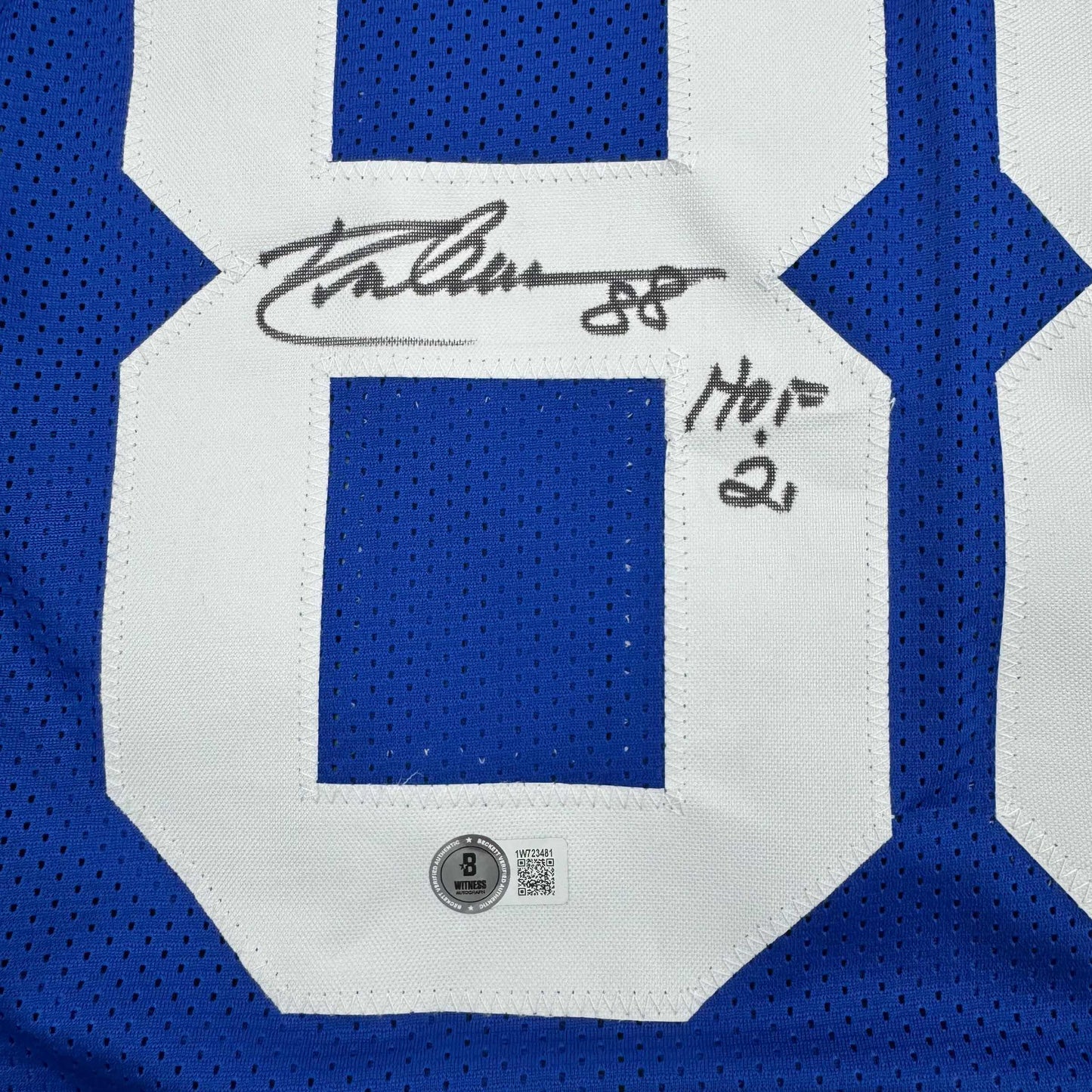 Autographed/Signed Drew Pearson HOF 21 Dallas Blue Football Jersey Beckett BAS COA
