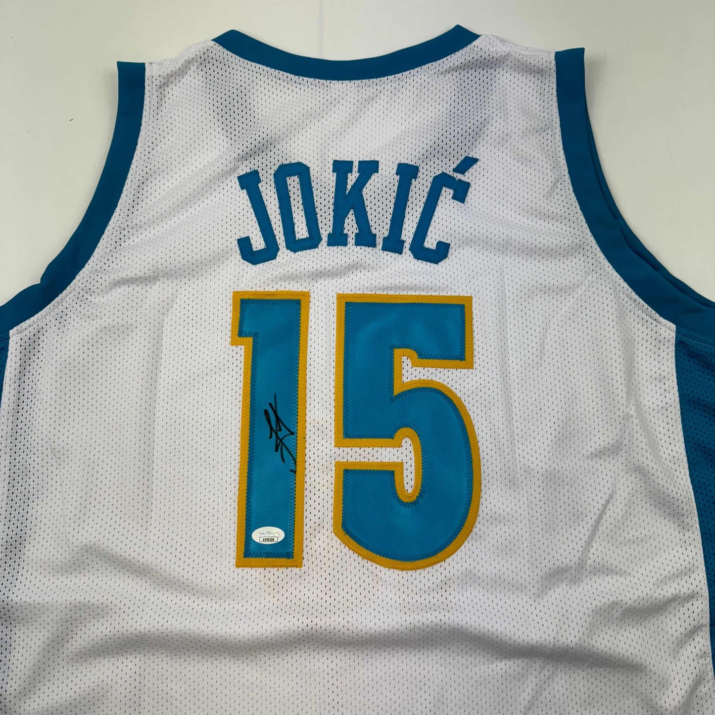 Autographed/Signed Nikola Jokic Denver White Retro Throwback Basketball Jersey JSA COA