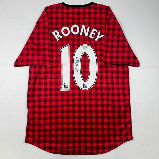 Autographed/Signed Wayne Rooney Manchester United Red Checkered Soccer Jersey Beckett BAS COA