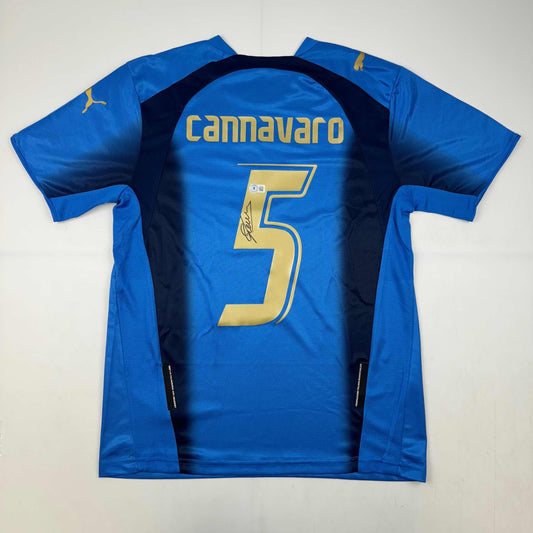Autographed/Signed Fabio Cannavaro Italy Blue Soccer Futbol Jersey Beckett BAS COA