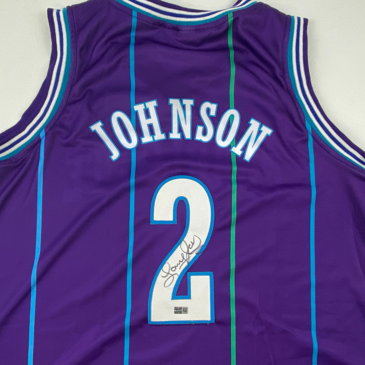 Autographed/Signed Larry Johnson Charlotte Purple Basketball Jersey Steiner COA