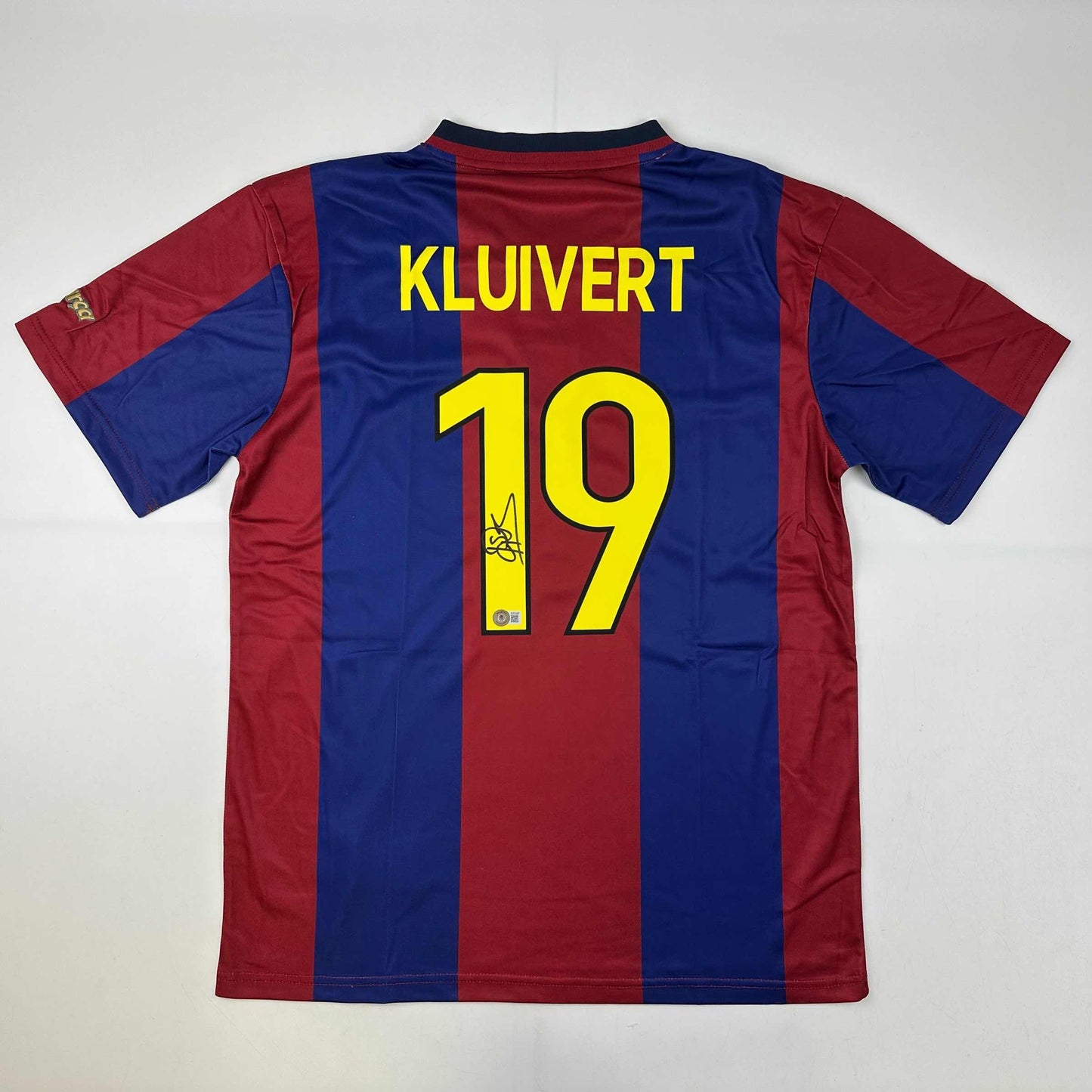 Autographed/Signed Patrick Kluivert FC Barcelona Blue Soccer Jersey Beckett BAS COA