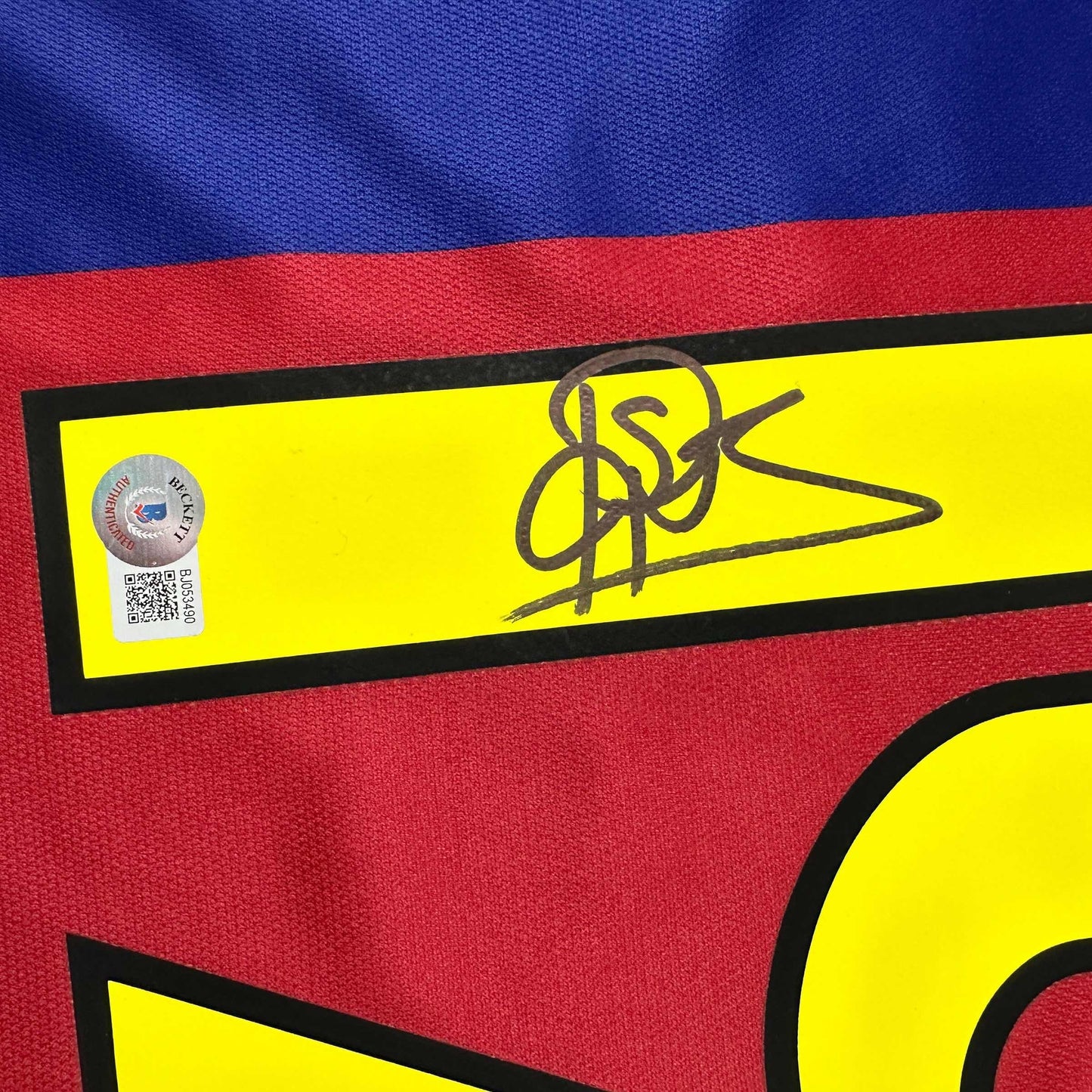 Autographed/Signed Patrick Kluivert FC Barcelona Blue Soccer Jersey Beckett BAS COA