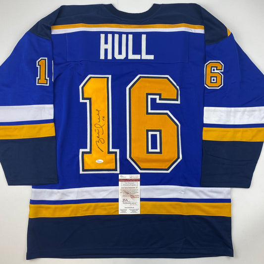 Autographed/Signed Brett Hull St. Louis Blue Yellow Numbers Hockey Jersey JSA COA