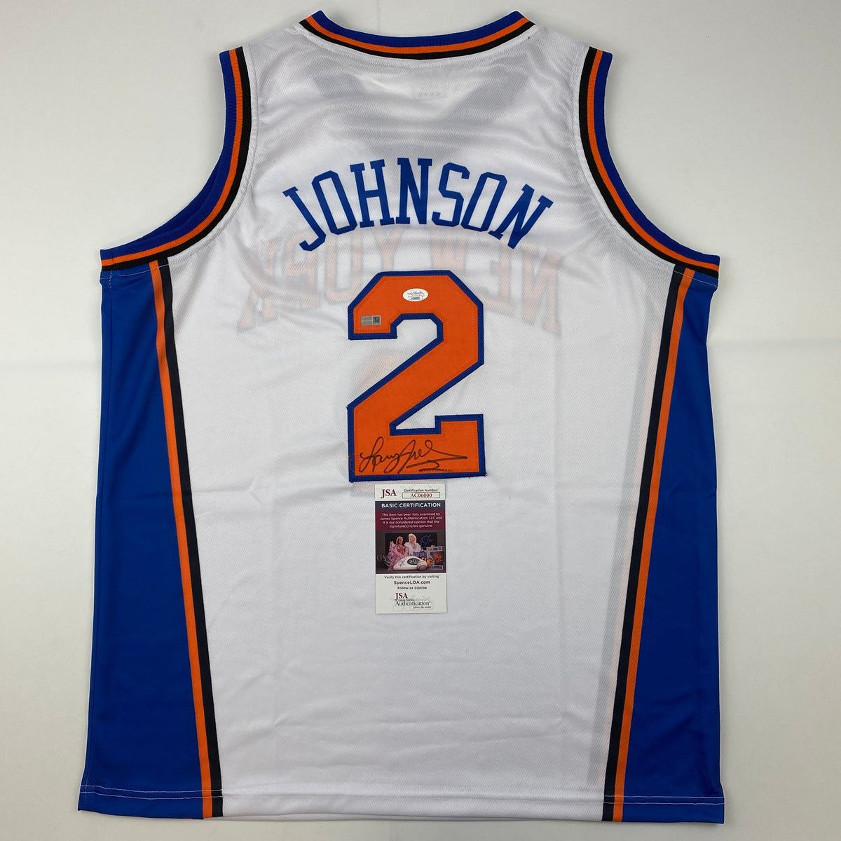 Autographed/Signed Larry Johnson New York White Basketball Jersey JSA COA