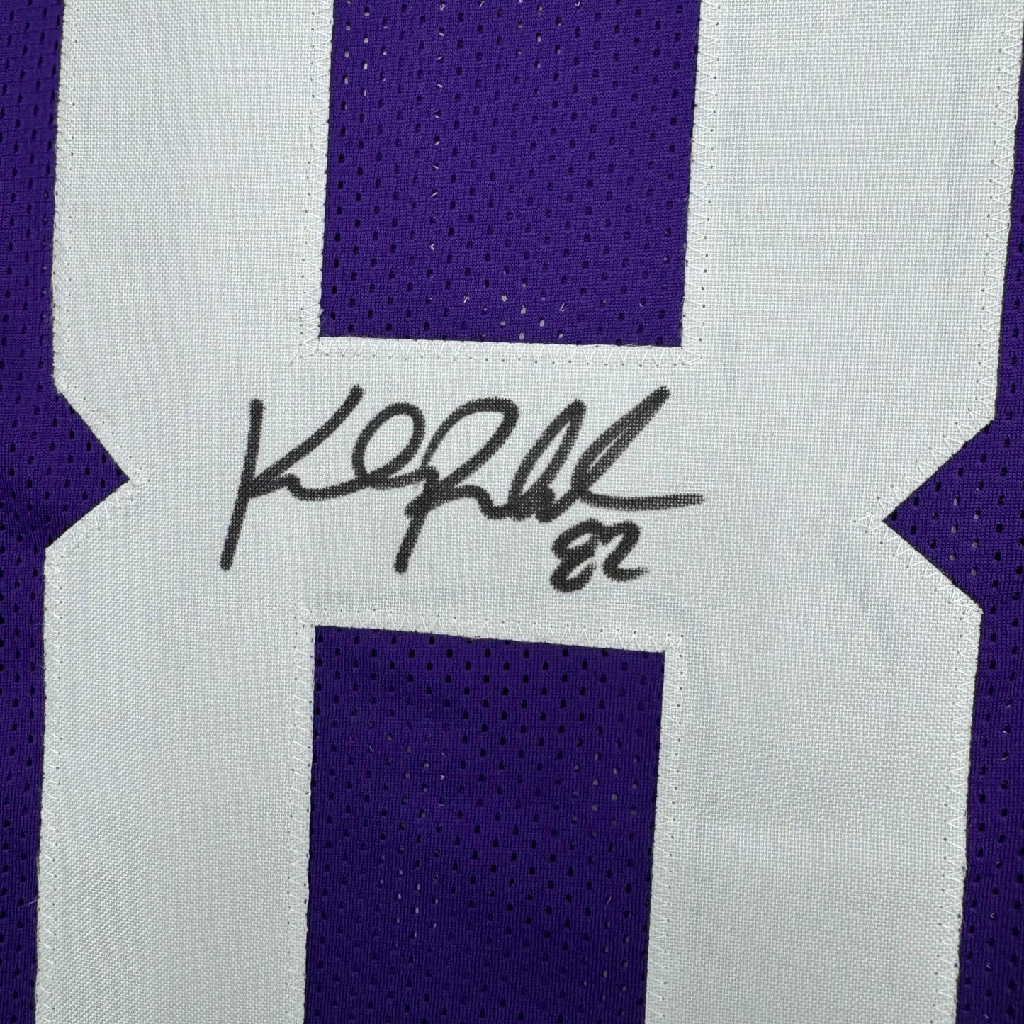 Framed Autographed/Signed Kyle Rudolph 35x39 Minnesota Purple Football Jersey Beckett BAS COA