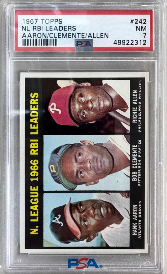 Graded 1967 Topps NL RBI Leaders Hank Aaron Roberto Clemente #242 Baseball Card PSA 7 NM
