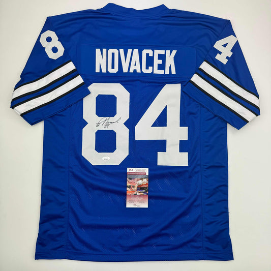 Autographed/Signed Jay Novacek Dallas Blue Football Jersey JSA COA