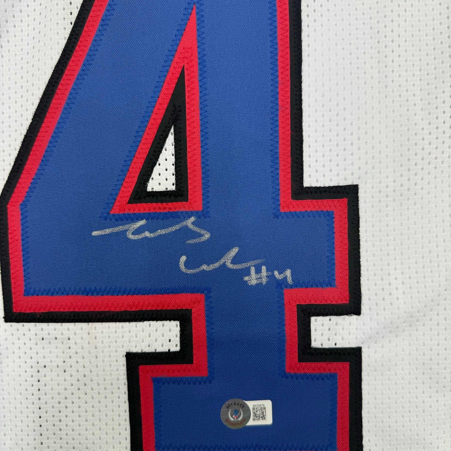 Framed Autographed/Signed James Cook 35x39 Buffalo White Football Jersey Beckett BAS COA