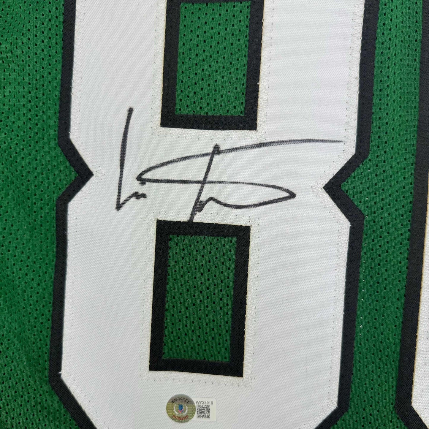 Framed Autographed/Signed Cris Carter 35x39 Philadelphia Kelly Green Football Jersey Beckett BAS COA